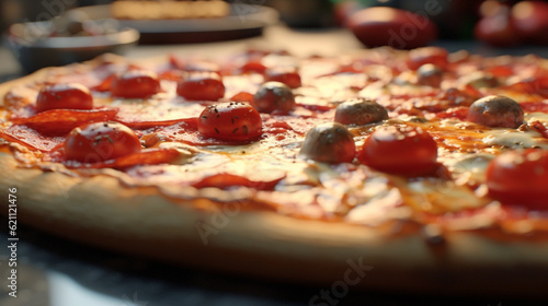 pizza with salami HD 8K wallpaper Stock Photographic Image