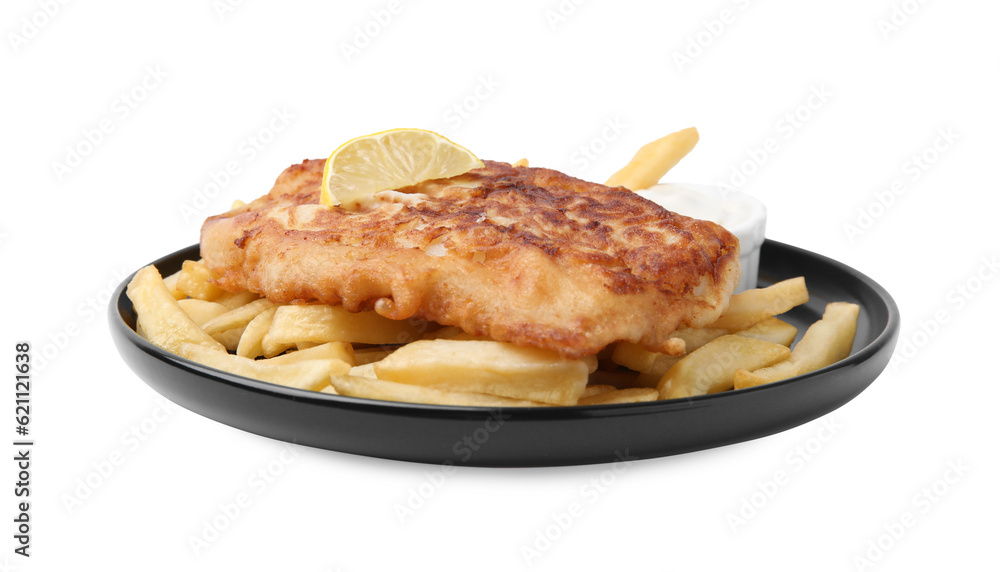 Tasty fish in soda water batter, potato chips, sauce and lemon slice isolated on white