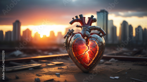 Heart in an iron case glowing inside, in an abandoned city. Generative AI