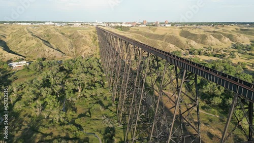 Aerial drone footage over the Lethbridge Viaduct in the town of Lethbridge, Alberta, Canada