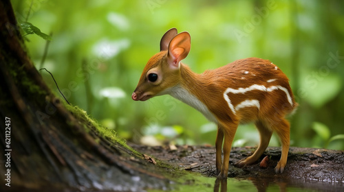 A graceful mouse deer, with its delicate features, slender body, and large eyes, embodying the charm and elegance of this unique animal. Generative AI photo