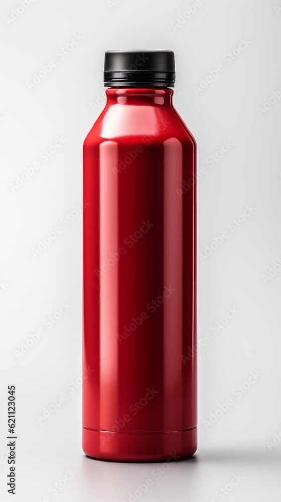 A red bottle mock up on plain white background. Generative AI. A red bottle mock up on plain white background. Generative AI.