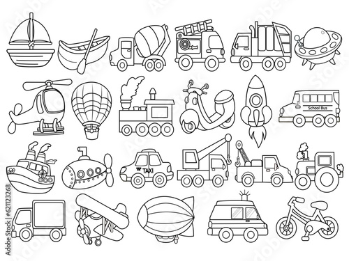 Set of different black and white vehicles.	