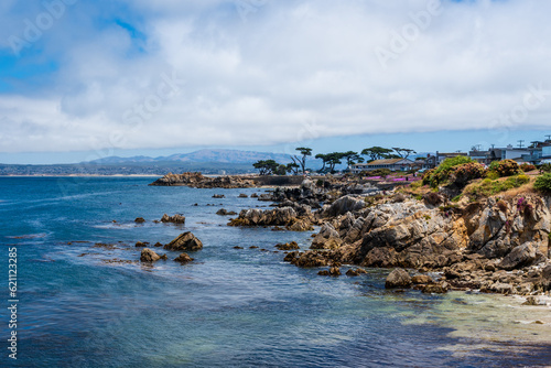 View of the Monterey coastline. Ocean View Boulevard in Pacific Grove, California