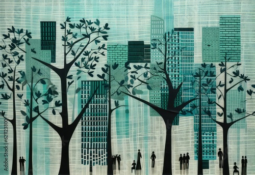 background with sihouettes of humans, trees and buildings, shades of green and blue colors. modern art illustration of anonymity photo