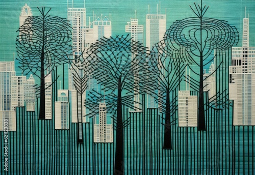 background with sihouettes of humans, trees and buildings, shades of green and blue colors. modern art illustration of anonymity photo