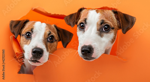 Fototapeta Naklejka Na Ścianę i Meble -  beautiful dog coming out of an orange paper wall in high definition and sharpness. pet concept