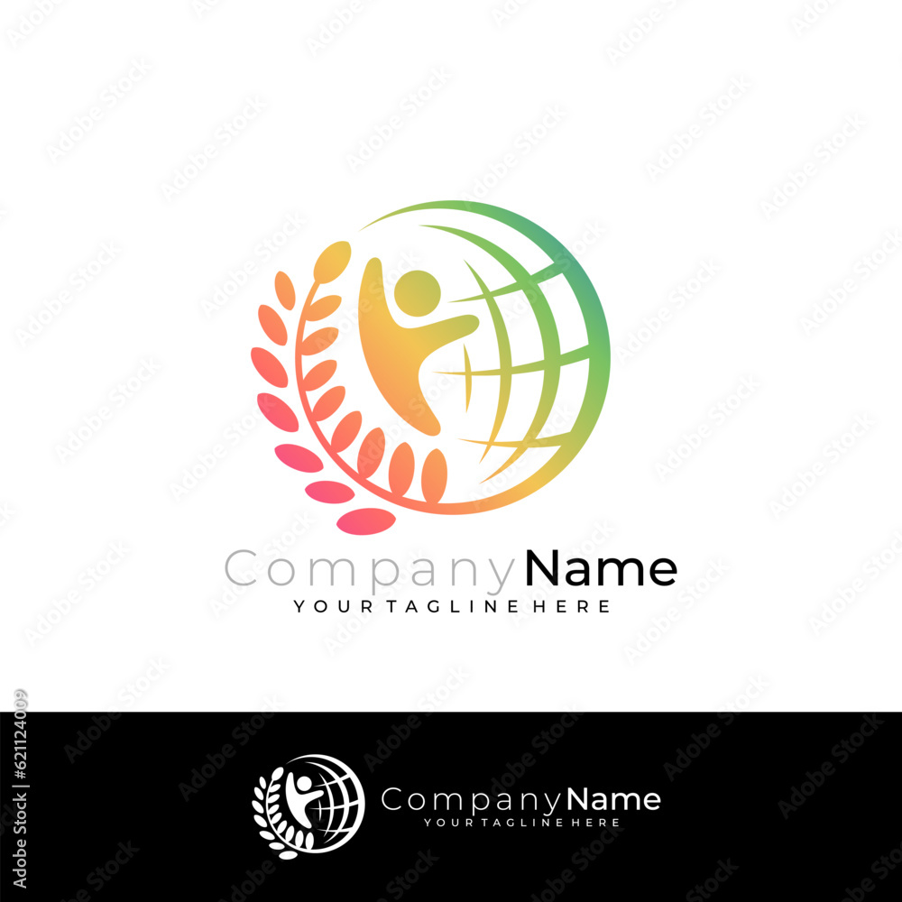 Globe logo with people care design vector, 3d logos