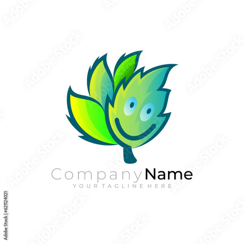 Leaf logo with nature design template, green color