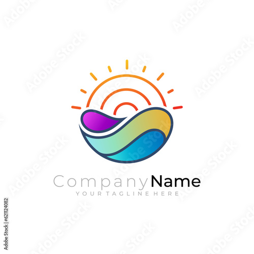 Beach logo with simple design template, line style icons