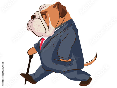 Illustration of old Bulldog walking with stick wearing a suit tuxedo like a rich businessman people