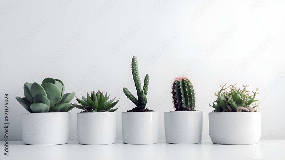 cactus in pots lined up against a white background