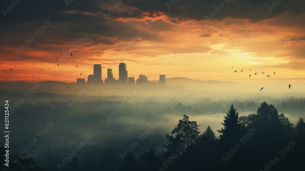 Fototapeta premium A city skyline obscured by smog, smoke and pollution. Generative AI. 