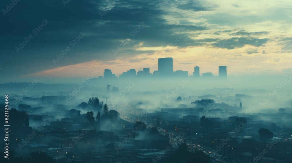 A city skyline obscured by smog, smoke and pollution. Generative AI. 