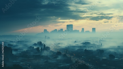 A city skyline obscured by smog, smoke and pollution. Generative AI. 