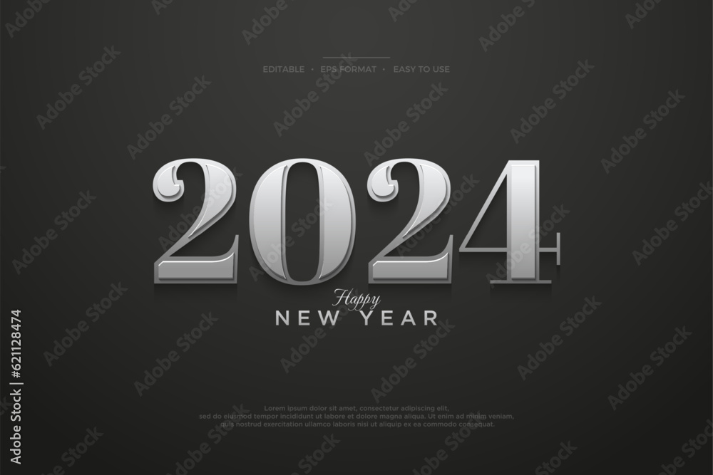 Classic 2024 number design. Silver metallic color for happy new year 2024 celebration design. Vector premium on black background.