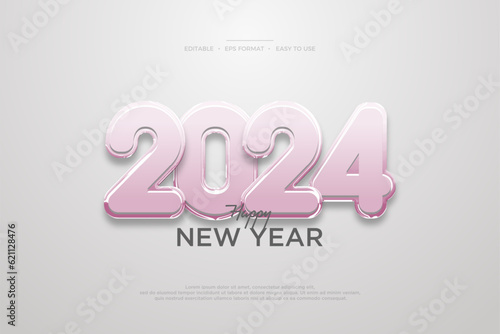Happy new year greeting with 3d numbers design. Shiny bright pink design. Vector background for happy new year 2024 celebration.