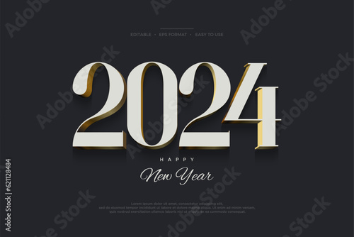 Happy new year 2024 celebration design. With classic 3d numbers on black background. Premium vector background for 2024 greetings  celebrations and events.