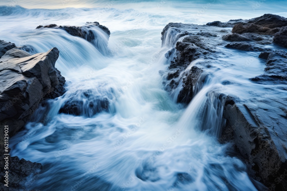 Crashing waves on a rocky shore, captured with a slow shutter speed. Generative AI