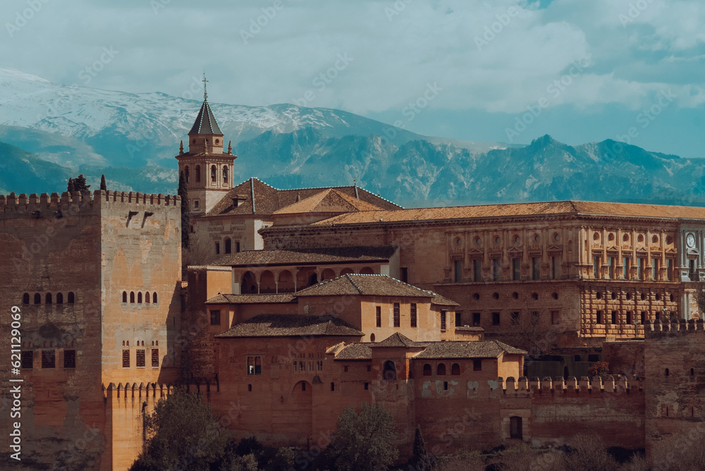 Granada,Spain. April 14, 2022: Alhambra castle panoramic landscape with blue sky.