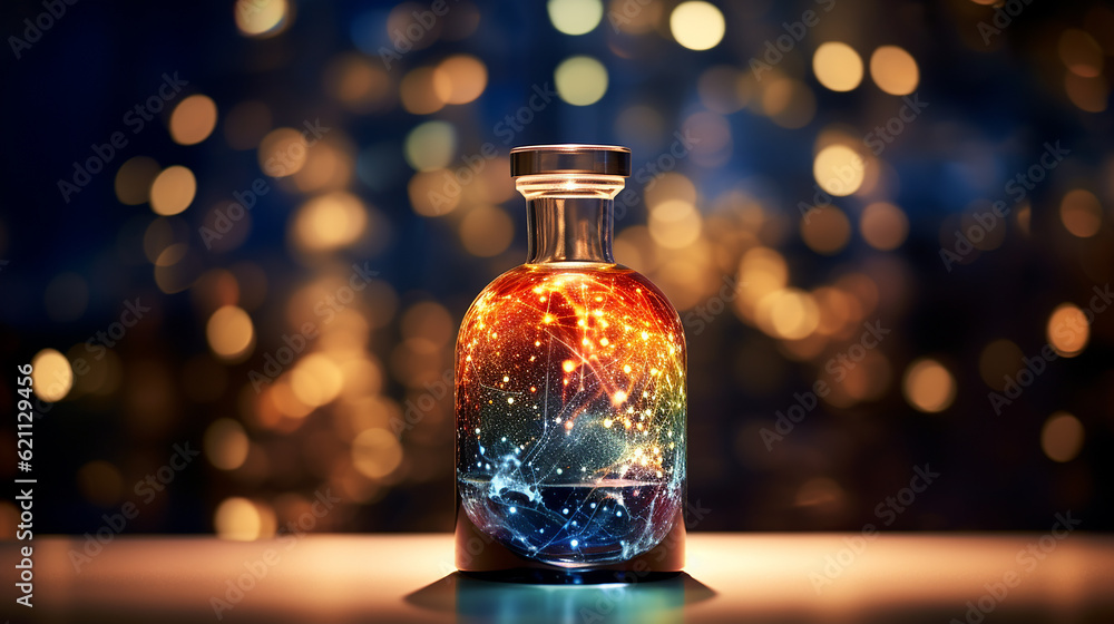 A flask filled with twinkling lights, reminiscent of stars, casting a bewitching glow and evoking a sense of ethereal wonder. Generative AI A flask filled with twinkling lights, reminiscent of stars, casting a bewitching glow and evoking a sense of ethereal wonder. Generative AI