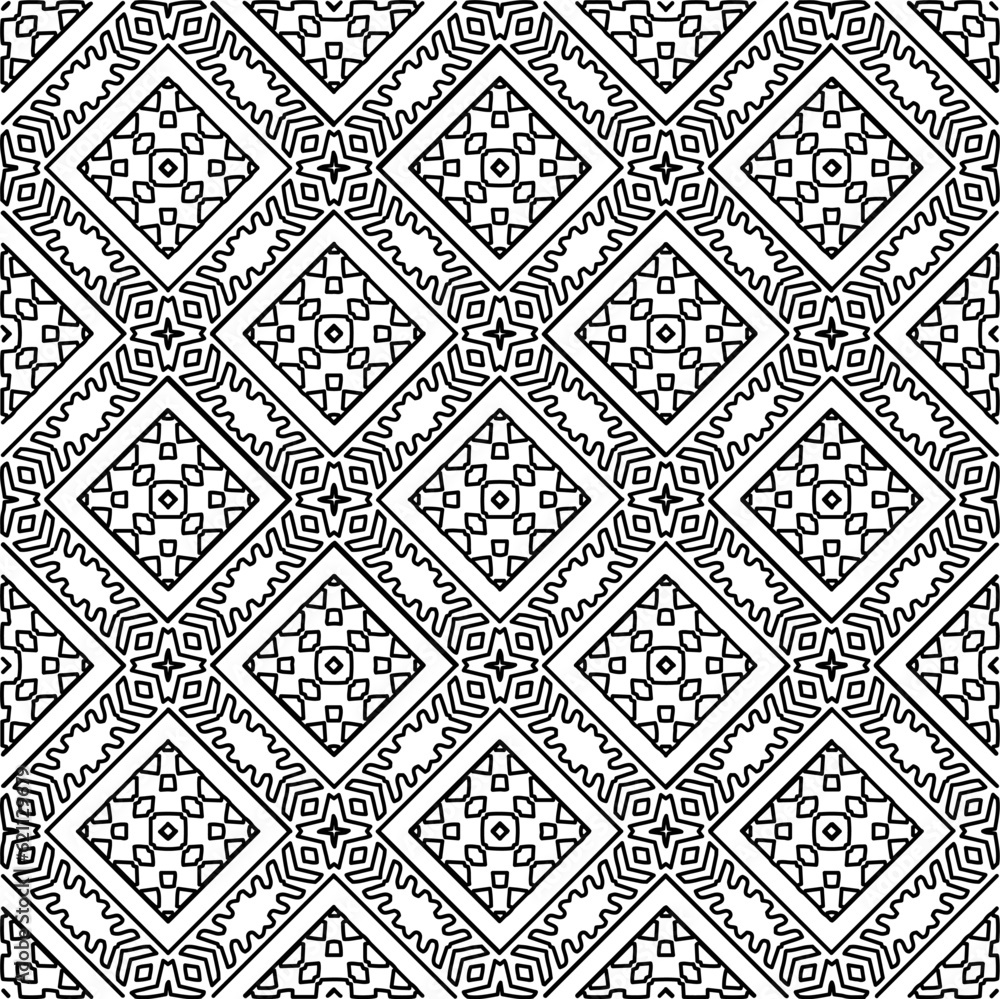 Monochrome ornamental texture with smooth linear shapes, zigzag lines, lace pattern. Abstract geometric black and white pattern for web page, textures, card, poster, fabric, textile. Monochrome ornamental texture with smooth linear shapes, zigzag lines, lace pattern. Abstract geometric black and white pattern for web page, textures, card, poster, fabric, textile.
