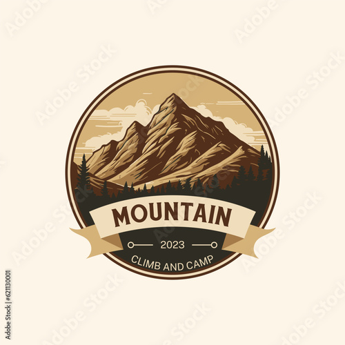 Editable logo emblem Mountain illustration, Camping logo. Wild nature adventure logo.