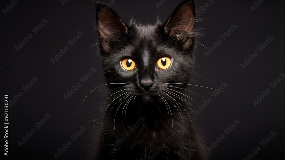 Black kitten looking at the camera over dark background, generative ai
