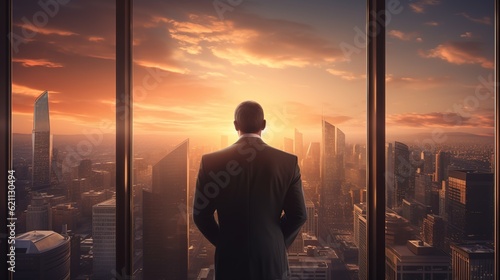 Businessman looking out over city at sunrise. with generative ai