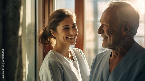 Cheerful female nurse holding hands of senior man and smiling beside windows in hospital with generative ai