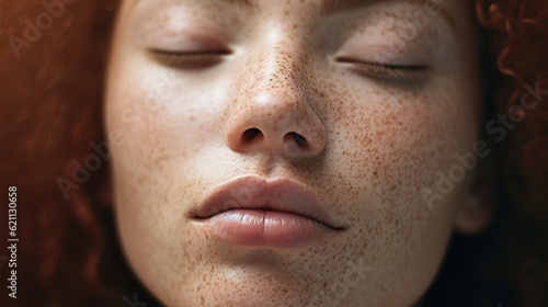 Close up of freckles on mixed race woman with her eyes closed with generative ai photo
