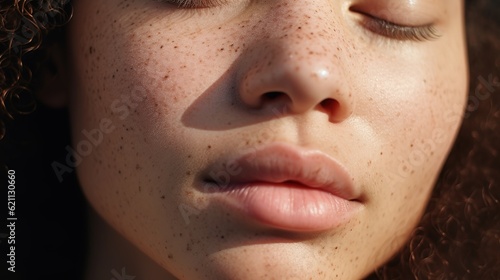 Fotografia Close up of freckles on mixed race woman with her eyes closed with generative ai