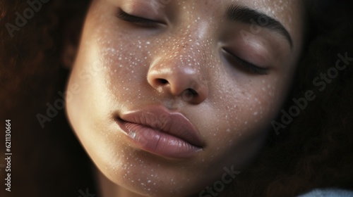 Close up of freckles on mixed race woman with her eyes closed with generative ai