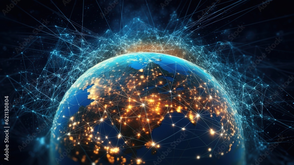 Obraz premium Communication technology for internet business. Global world network and telecommunication on earth cryptocurrency, generative ai