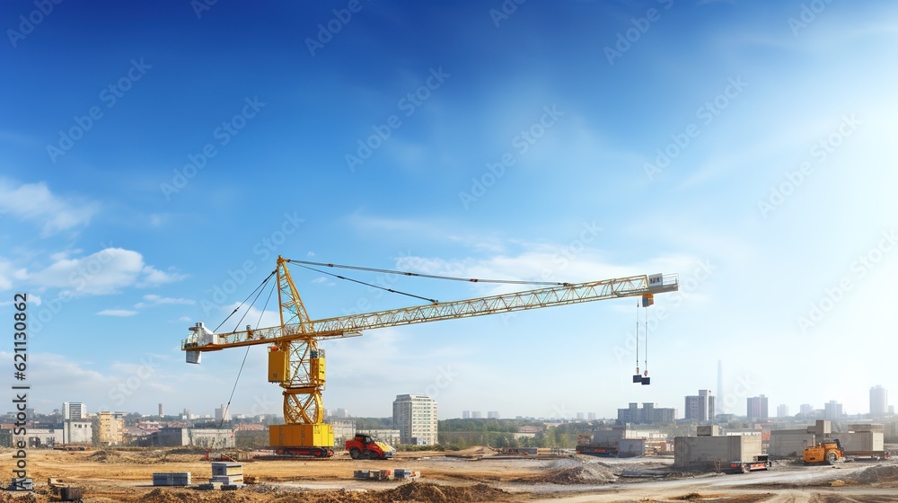 construction site and yellow crane on the background blue sky, panoramic mockup, generative ai