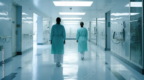 Female doctors discussing while walking in hospital corridor, generative ai