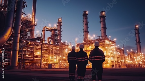group of workers professional equipment in a petroleum refinery - modern buildings and industrial facilities for the production of fuel and gas, generative ai