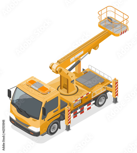 Yellow boom lift truck isometric industrial construction vehicles work concept isolated vector