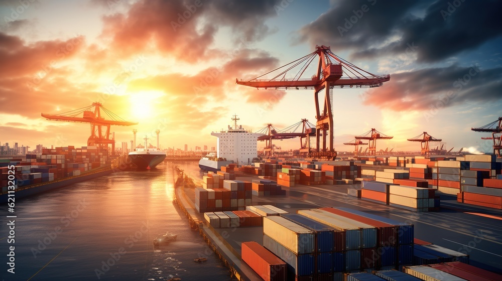 Container ship carrying container box in import export with quay crane ...