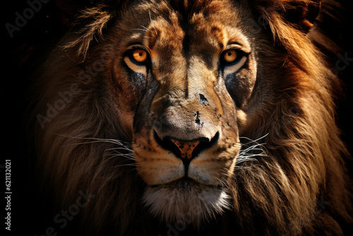 Dark power view big lion noble face animal portrait cat majestic predator dangerous africa nature