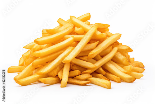 Stack of French fries, crispy and golden, a popular and delicious fast-food side dish, isolated on a white background