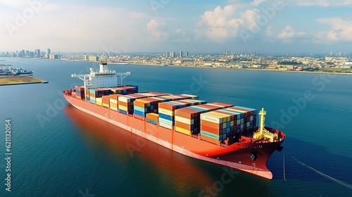 Aerial view container cargo ship carrier, Business logistic and transportation of International by container cargo freight ship boat in the open sea with generative ai