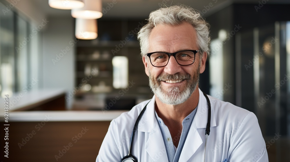 Portrait of physician doctor smiling happy looking to camera wearing ...