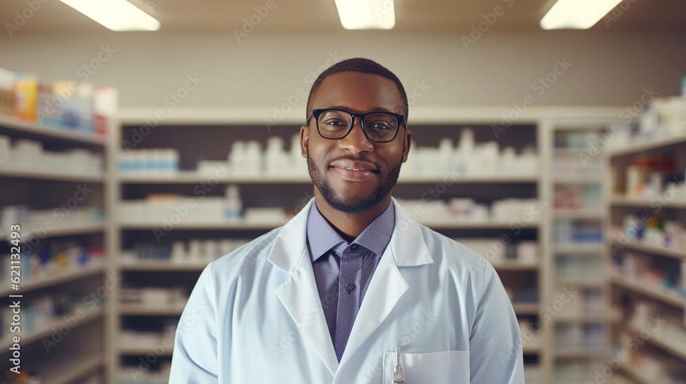 Portrait of african male pharmacist standing by shelf at the pharmacy store. Man wearing lab coat standing by medicine rack and looking at camera at medical shop with generative ai