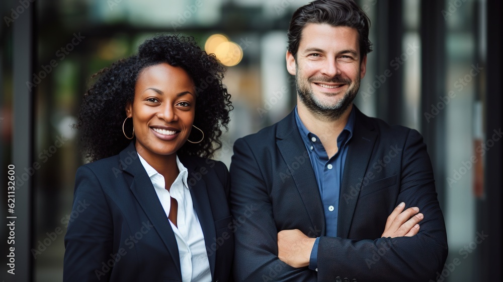 Portrait of happy multi ethnic business couple posing with arms crossed with generative ai Portrait of happy multi ethnic business couple posing with arms crossed with generative ai