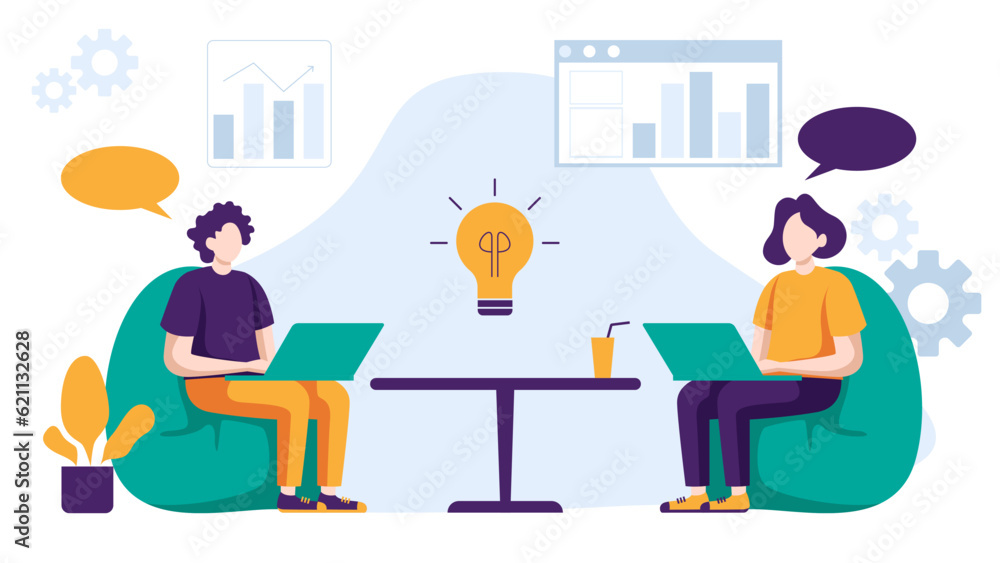 Business people are working together doing meeting, reporting data and brainstorming about marketing strategy in office on white background vector illustration concept in flat design style