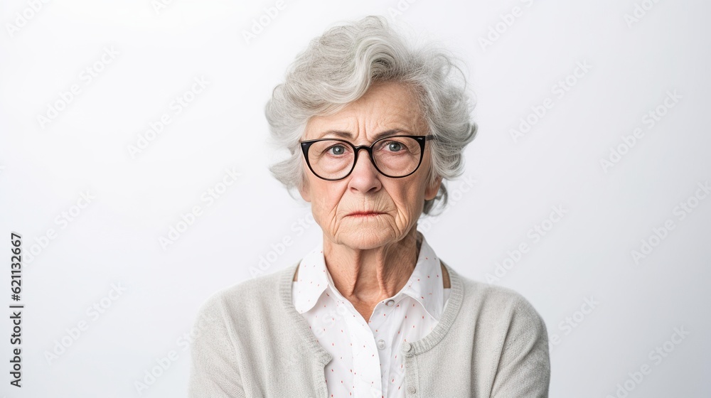 Elderly Woman's Determined Gaze: An older woman with silver hair and spectacles, her expression a mix of seriousness and determination, stares directly at the camera. Elderly Woman's Determined Gaze: An older woman with silver hair and spectacles, her expression a mix of seriousness and determination, stares directly at the camera.