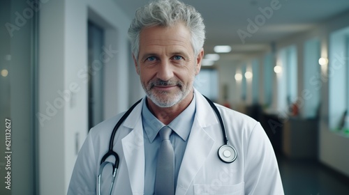 Portrait of mature doctor smiling on white background. Female professional is wearing lab coat. Confident medical practitioner is with stethoscope with generative ai