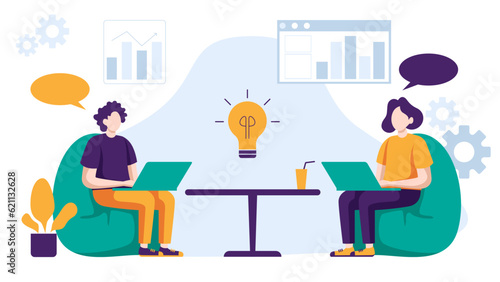 Business people are working together doing meeting, reporting data and brainstorming about marketing strategy in office on white background vector illustration concept in flat design style