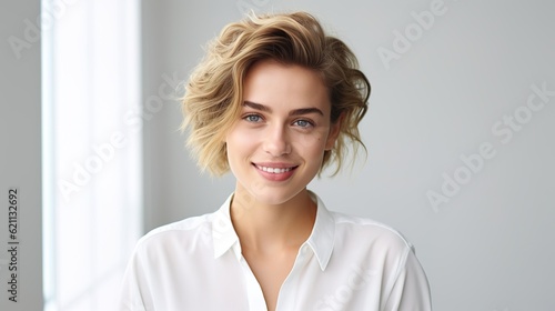 Portrait of young businesswoman smiling. Close-up of confident female professional is having short blond hair. She is wearing green top against white background with generative ai